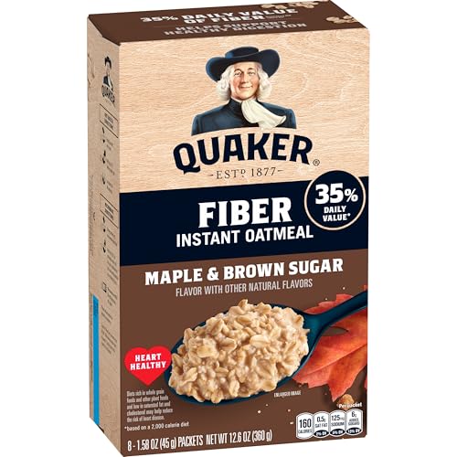 Image of Quaker Fiber Instant Oatmeal, Maple Brown Sugar, 35% Daily Value of Fiber, Whole Grains, No Artificial Flavors, 1.58 oz Packets, (8 Pack)
