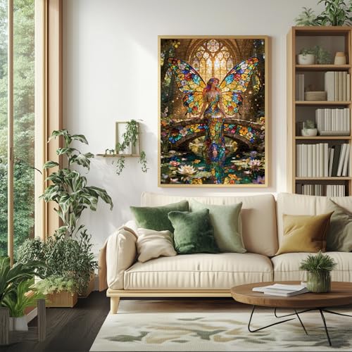 Rompecabezas de mosaico de vidrieras con hada, 1000 piezas para adultos, rompecabezas de rompecabezas fantásticos con alas coloridas, bosque de mariposas, ángel y arcoíris miniatura 5
