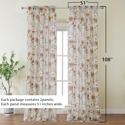 Image of OWENIE Printed Sheer Curtains 108 Inches Extra Long 2 Panels Set, Sheer Floral Curtains Printing Drapes on Sheers for Living Room Bedroom, Rod Pocket Light Filtering Window Sheers 51 inch W x 108 inch L