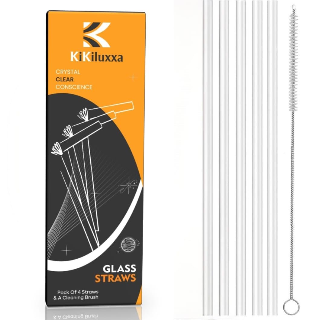 KiKiluxxa Glass Straws for Sipper Tumbler Cup Mug with Cleaning Brush -4 Straight Transparent Straws & 1 Cleaner - Pack of 5pcs- Clear Reusable, Elegant Alternate to for Drinking Juice(BR4+1)