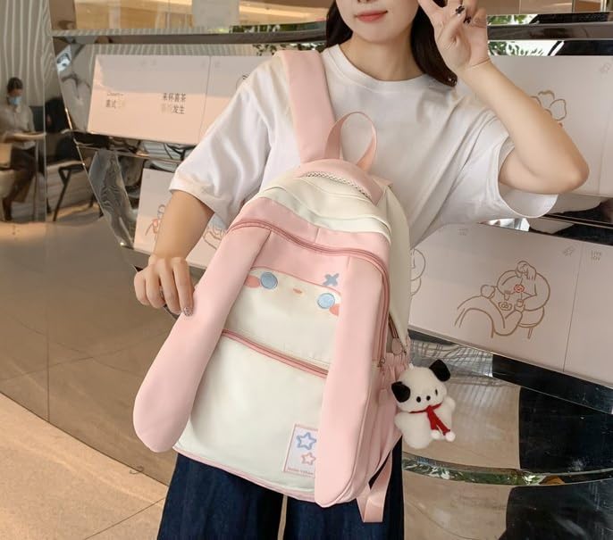 Cute Bunny Ear Backpack for Teen Girls Women Daypack for School Travel Work Casual Bookbag with Cute Pendant (Pink)2