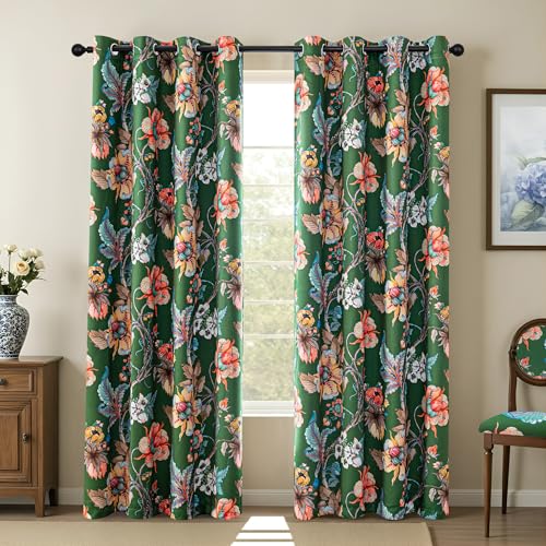 Image of MYSKY HOME Green Floral Blackout Curtains 90 Inch Long Bedroom Black Out Thermal Insulated Noise Reducing Drapes Flower Printed Cottagecore Style Grommet Window Treatment Living Room, Pack-2