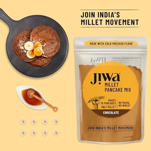 Image of Jiwa Millet Pancake Mix | 200 G | Chocolate | Makes 10 Pancakes | Ready to Cook | Instant Breakfast Mix for Kids | 100% Millet | No Maida, No Wheat | Gluten Free