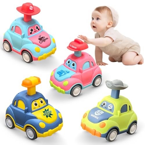 Joyfuture Press and Go Car Toys for 1-2-3 Year Old Boys - 4 Pack Vehicle Set Racing Easy Push Down Action ABS - Learning Cause Effect Toddler Toy Gifts for 1+ Year Old Baby Boy Girl