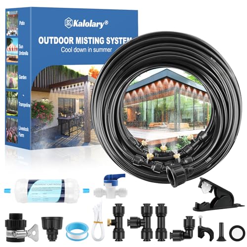 Kalolary 100Ft Misting Cooling System, Misters for Outside Patio with Water Filter, 100FT(30M) Misting Line, 30 Brass Mist Nozzles & 2 PE Adapters 3/4' Outdoor Mister for Backyard Garden Greenhouse