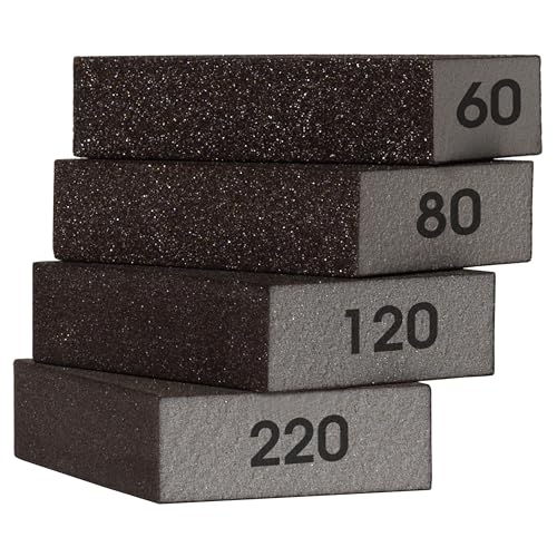 Furniture Clinic Blocco abrasivo – Confezione da 4 spugne abrasive Wet & Dry (grana grossa 60/media 80/fine 120 220) – Blocchi di carta vetrata a grana abrasiva per legno, pareti e soffitti