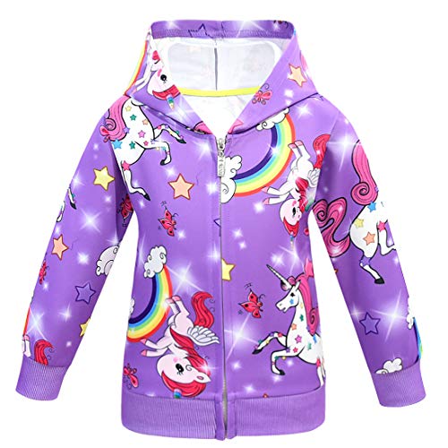 Sudadera con capucha de unicornio de dibujos animados impreso otoño invierno cremallera abrigo chaqueta ropa Morado Estilo03 7-8 Años