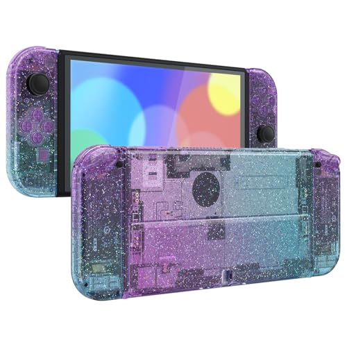 Image of eXtremeRate DIY Full Set Shell Buttons for Nintendo Switch OLED, Replacement Console Back Plate & Kickstand Custom Case Housing for Switch OLED JoyCon - Glitter Gradient Translucent Bluebell & Blue