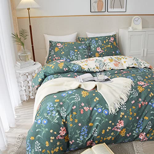 Image of PinkMemory Green and White Floral Duvet Cover King 100% Cotton Reversible Green and White Flower Pattern Bedding Set King with Pillowcases for Teens Adult Zipper Closure