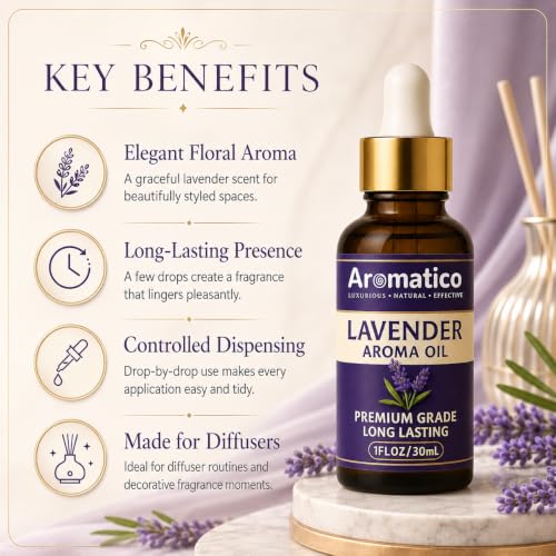 Image of AROMATICO Lavender Diffuser Oil for Long-Lasting | Premium Home Fragrance Oil for Aromatherapy, Meditation & Concentration | Versatile Use in Diffusers, Air Fresheners 30ml