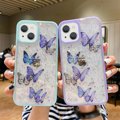 Image of VONZEE for iPhone 13 Clear Glitter Butterfly Case, Cute Bling Sparkle Shiny Soft TPU Bumper Shockproof Women Girls Slim Protective Phone Cover for iPhone 13 6.1 inch,Mint Green