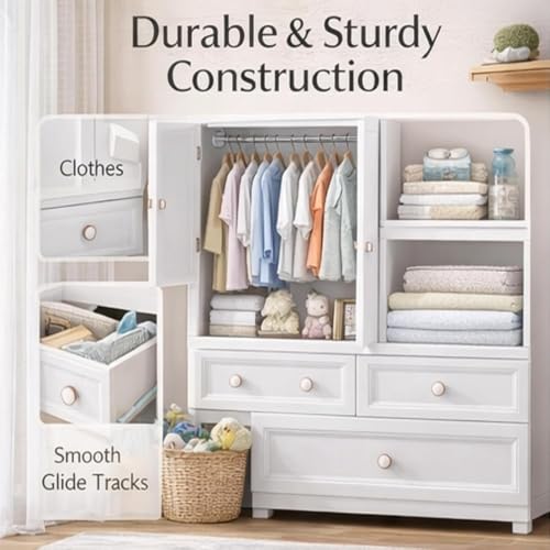 Image of Kids Plastic Collapsible Wardrobe Organizer for Storage with Drawers | Cute Cartoon Design | Heavy Duty Runner Rug Floor Mat Carpets Organizer Bedroom, Living Room (Beige, 2+5-Door)