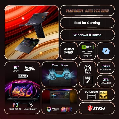 Image of msi Raider A16 HX 16 inch 240Hz QHD+ Gaming Laptop: AMD Ryzen 9-8940HX, NVIDIA Geforce RTX 5080, 32GB DDR5, 2TB NVMe SSD, Type C, Wi-Fi 7, Win 11 Home: Core Black B8WI-023US