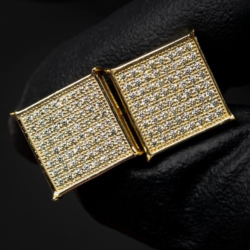 Large 14K Yellow Gold Plated 925 Sterling Silver Mens Canary Yellow 5A Cz Cubic Zirconia Hypoallergenic Big Square Flat Screen Iced Hip Hop Micro Pave Ice Out Stud 14mm Screw Back Earrings For Men2