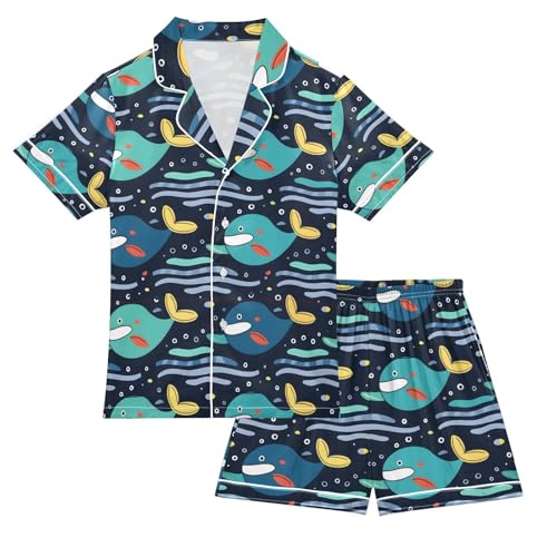 ALAZA Whale Bubble Wave Pajamas Satin Pajama Set Short Sleeve Button Down Sleepwear