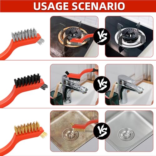 6pcs Wire Brushes for Cleaning Rust, Upgrade Wire Brush Set - Brass/Stainless Steel/Nylon Bristles, Small Metal Wire Brush with Curved Handle Grip, Wire Brushes for Paint and Stain, 7 Inches