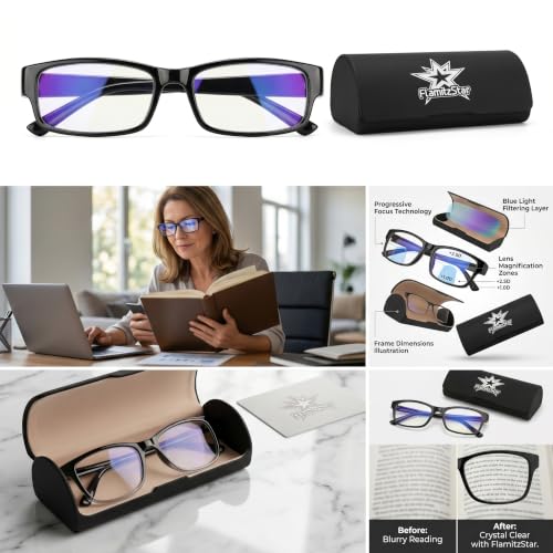 Image of Reading Glasses for Men & Women, Progressive Readers +0.5 to +2.5 Power, Lightweight Magnifying Eyewear for Books, Mobile, Computer Screens & Close-Up Reading