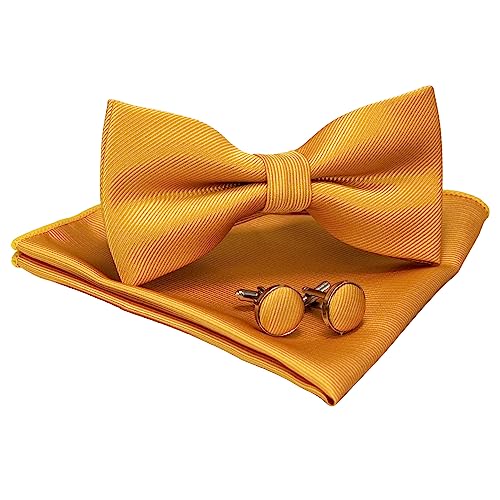 JEMYGINS Gravata ajustável homem cor sólida várias cores disponíveis em seda e abotoaduras e bolso quadrado conjunto incluído caixa, Amarelo 2.
