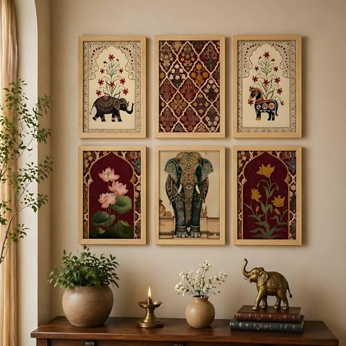 Image of PAINTINGMANTRA Madhubani Paintings for living room, Floral Royal elephant Madhubani wall art paintings with frame for bedroom, office and home, Set of 6, 13x18 Inch