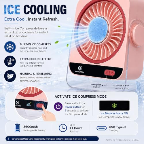 Image of Pixelated Rechargeable Fan for Home, 5 Speed Levels, 3600mAh Battery