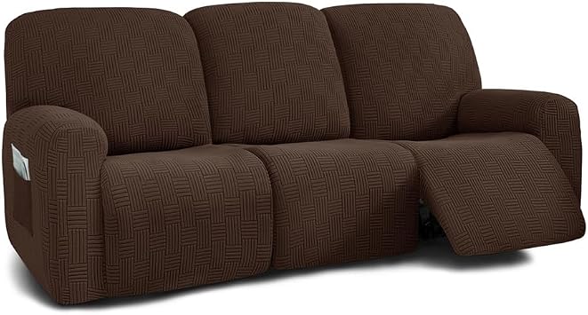 Velvet 8 Pieces Recliner Sofa Covers Stretch Reclining Couch Covers for 3 Cushion Thick Soft Reclining Couch Cover Furniture Protector with Side Pocket & Elastic Bottom Brown