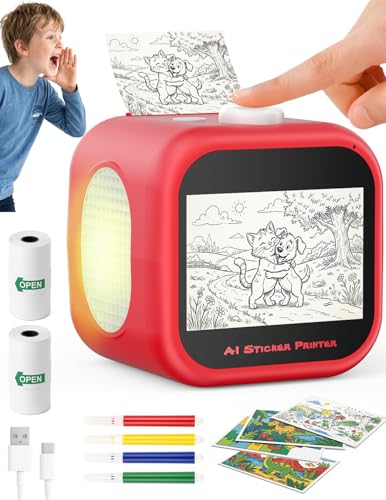 AI Voice Sticker Printer Box, No Phone App Needed, Power on & Print by Voice, Ink-Free Thermal Printing Machine, 3 Art Modes, Journaling & DIY Crafts, 3.5" Touch Screen, Birthday Gift for Kids Ages 3+
