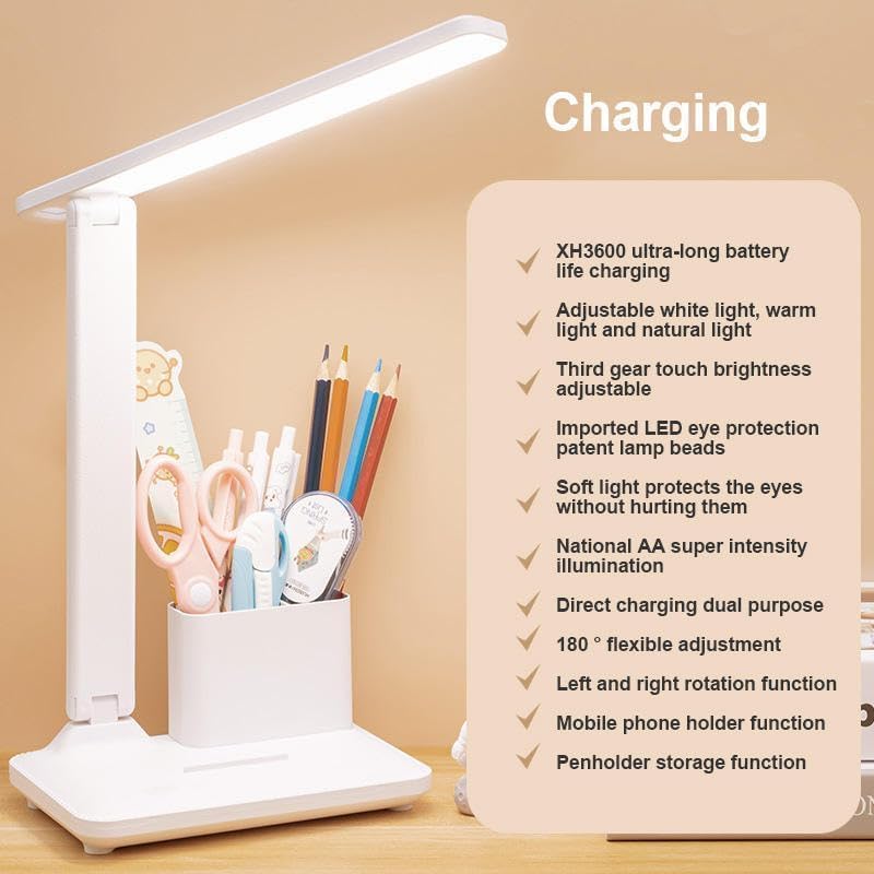 Image of LED Night Light Desk Lamp Eye Protection Lamp Flexible Bedside Table Desk Lamp Reading Desk Light with USB Charging Multi-Function Socket (Rotating Lamp with Pen Stand)