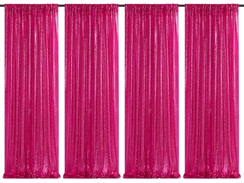 Image of 4 Pieces 2FTx8FT Fuchsia Sequin Backdrop Curtain Panels Stage Backdrop Background for Christmas Party Decoration Wedding Party Background Drapes