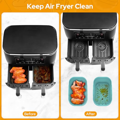 Alyvisun Air Fryer Silicone, 2PCS Reusable Dual Airfryer Accessories Liner Foldable Baking Rack Moulds Rectangular Basket Versatile Non Stick Tray (Blue)