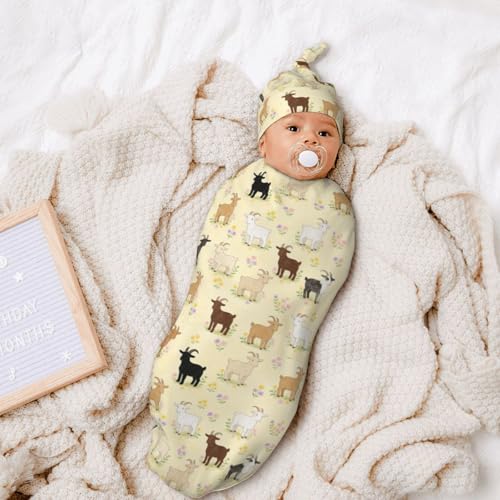 Image of Goats Newborn Baby Swaddle Blanket Baby Stuff,with Beanie hat Sets, Soft Gifts for Unisex Boys Girls Shower Infant