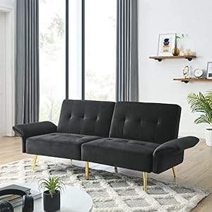 Eafurn 775 w convertible futon sofa bed button tufted loveseat couch with adjustable armrests golden metal legs for living room bedroom velvet sofa couches  urban country home decor