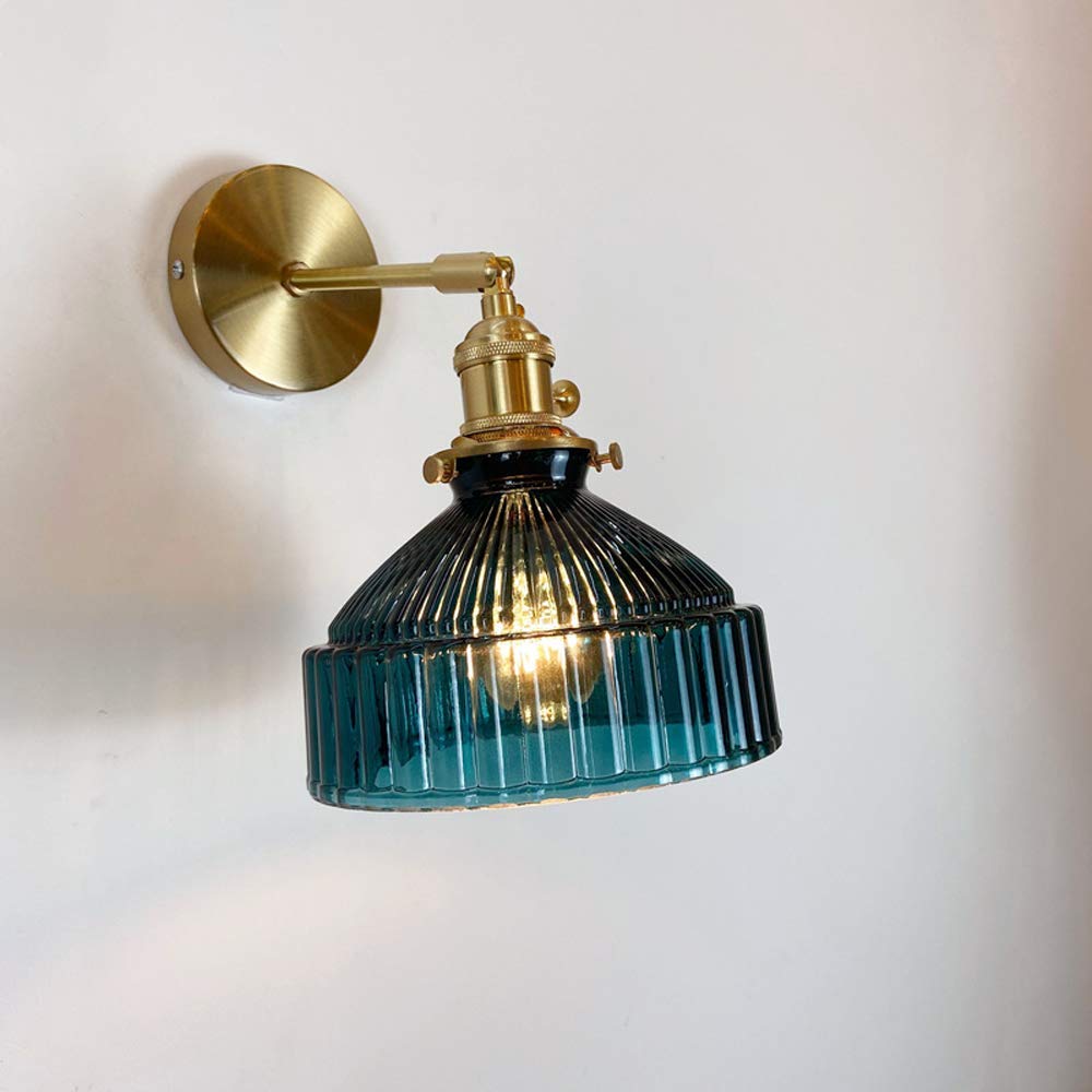 SXWNBIFH Nordic Personality Glass Brass Wall Lamp Literary Fresh Wind Wall Light E27 Socket Wall Lighting Fitting Bedroom Bedside Lighting for Dining Room Aisle Balcony Wall Sconce,Blue