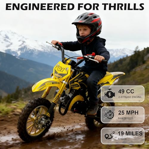Image of 50cc Dirt Bike, 2 Stroke Gas Mini Bike for Kids 8-14 with Front Rear Disc Brakes, 10 Inch Off-Road Tires, Shock Absorption, Seat Height 23.6in, Max Speed 40mph, 2026 Upgraded,Yellow