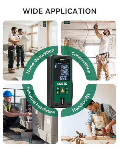Foto von Laser Entfernungsmesser 50m, OGETO Laser Entfernungsmesser mit LCD Hintergrundbeleuchtung, 99 Datensätze, M/In/Ft, Pythagoras/Abstand/Fläche/Volumen Messungen(2*AAA Batterien, IP54)