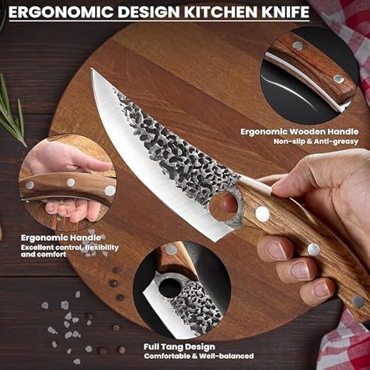 Image of 8 Inch Butcher Knife Hand Forged Boning Knife with Sheath Viking Style, High Carbon Steel Japanese Chef Knife Chopping Knife for Kitchen