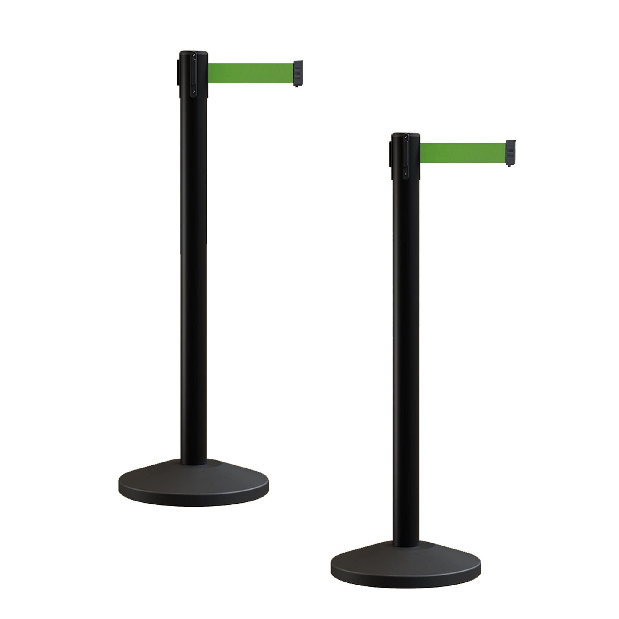Crowd Control Warehouse CCW Series RBB-100 - Set of 2 Stanchion Retractable Belt Barriers - 7.5 Foot, Green Belt with Black Post - Easy Assembly