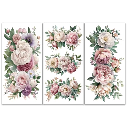 OLYCRAFT 3pcs/Set Blooming Flower Rub on Transfers for Furniture and Crafts 15x30cm Rose Peonies Furniture Sticker Floral Transfer Stickers Rub on Decals for Wood Scrapbooking Home Decor