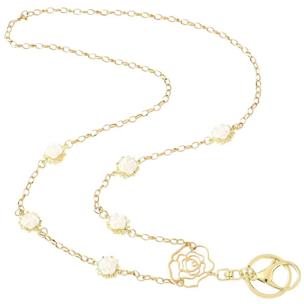 SUNNYCLUE 1 Box Real 18k Gold Plated ID Lanyard Badge Necklace Lanyard Metal Stainless Steel Golden Hollow Rose Chains with Swivel Lobster Claw Clasps Badges for Office Worker Company Id Cards