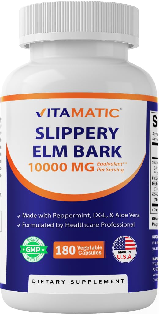 Slippery Elm Bark 20:1 Extract, Made with Peppermint, DGL, & Aloe Vera - 180 Veg Capsules, and Concentrated 20X Potency