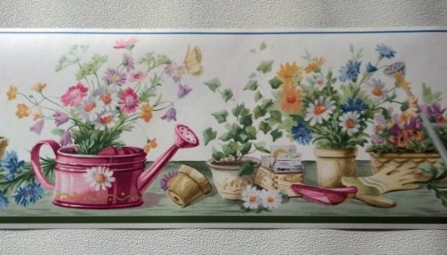 Gardening Flowers Watering Can Wallpaper Border – Green #TOP2