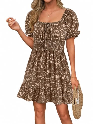 Image of Womens Babydoll Mini Dress Casual Square Neck Short Sleeve Summer Dresses | Empire Waist, Smocked, Flowy, Short Beach Dress, Vacation, Floral, Boho