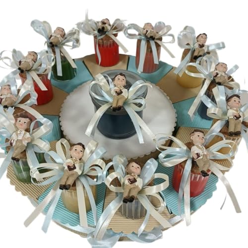 Torta portaconfetti Candele profumate bomboniere Comunione Maschio Calamite con Fiocchi + Centrale giara Confetti Inclusi (12 fette)