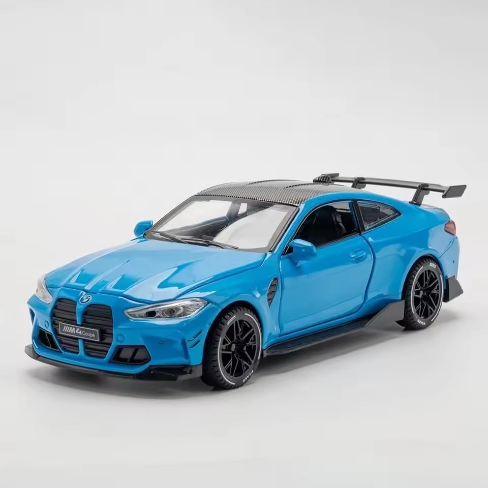 Image of Model Car Exclusive Alloy Metal Pull Back Die-cast Car Metal Pullback Toy car with Openable Doors & Light Music Best Gifts Toys Kids (1:32 Scale B-M-W M4 - Blue)