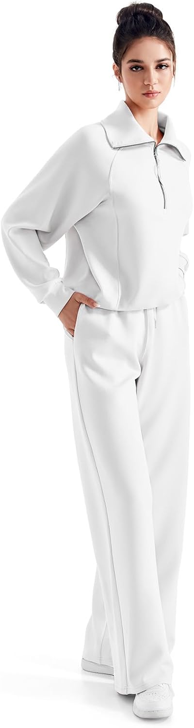 SUUKSESS Women 2 Piece Lounge Matching Set Wide Leg Sweatpant Half Zip Sweatshirt - Image 3