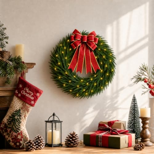 Pinkpum 26" Real Touch Cedar Christmas Wreath with Lights & Bow - image 9