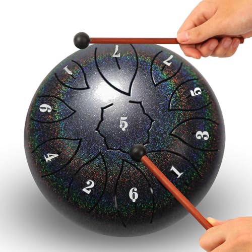 Steel Tongue Drum - 6 Inch 11 Notes, C Major, 440 Hz - Rain Drum with Music Book, Mallets, Storage...