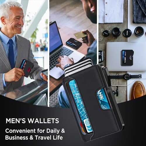 Image of Wallet for Men - Slim Leather Mens Wallet Pop up Card Holder with Money Clip,Credit Card Slots,ID Window - RFID Blocking Minimalist Wallet (Dark Black)