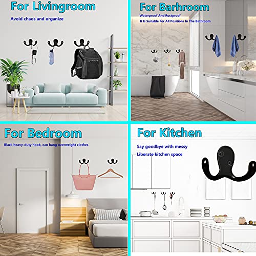 3 Pack Black Double Prong Coats Towel Hooks For Bathrooms Wall Mounted Shower Rustproof, 1.37 Oz Retro Wall Hooks Heavy Duty Hanging Towels Coat Hat Loofah Robe Key Scarf Bag Cap Kitchen Accessories #TOP3