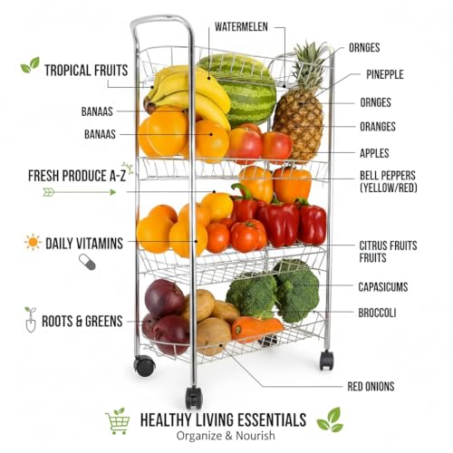 BURAKH 3/4 Tier Kitchen Storage Trolley – Rolling Fruit & Vegetable Basket Rack with Wheels – Metal Utility Cart for Pantry, Bathroom, or Office Use (4 Tier) - Image 4