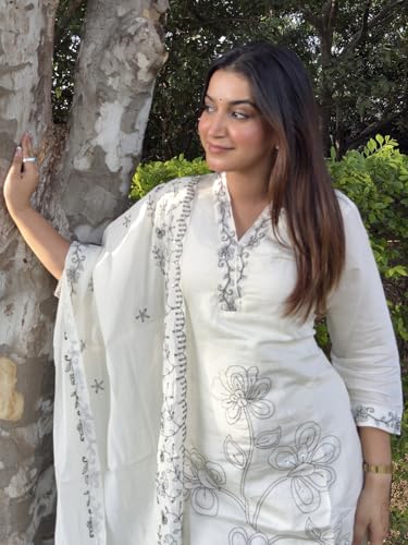 Image of VredeVogel Women's Silk Blend Embroidered Kurta Pant with Dupatta Set | Festive & Casual Summer Kurti with Pants for Party Office & Ethnic Occasions